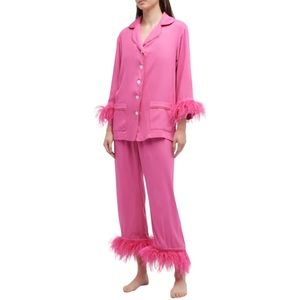 NWOT Sleeper Party Ostrich Feather Trim Barbiecore Pink Pajama Set XS